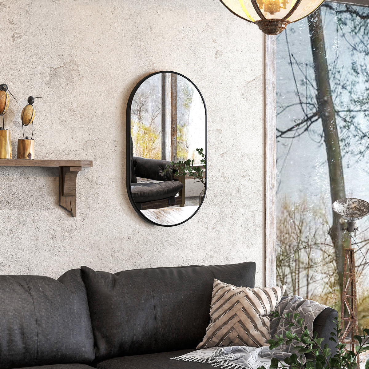 HOMCOM Ovaler Wandspiegel mit Aluminiumrahmen im minimalistischen Stil, vertikale oder horizontale Montage mit 3 Haken 40 x 70 cm Schwarz