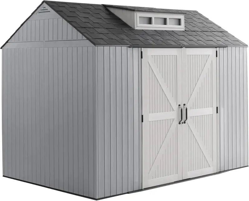 Rubbermaid Resin Garden Shed with Floor – 2.13 m × 2.13 m, Weather-Resistant Grey Storage Unit for Tools & Equipment