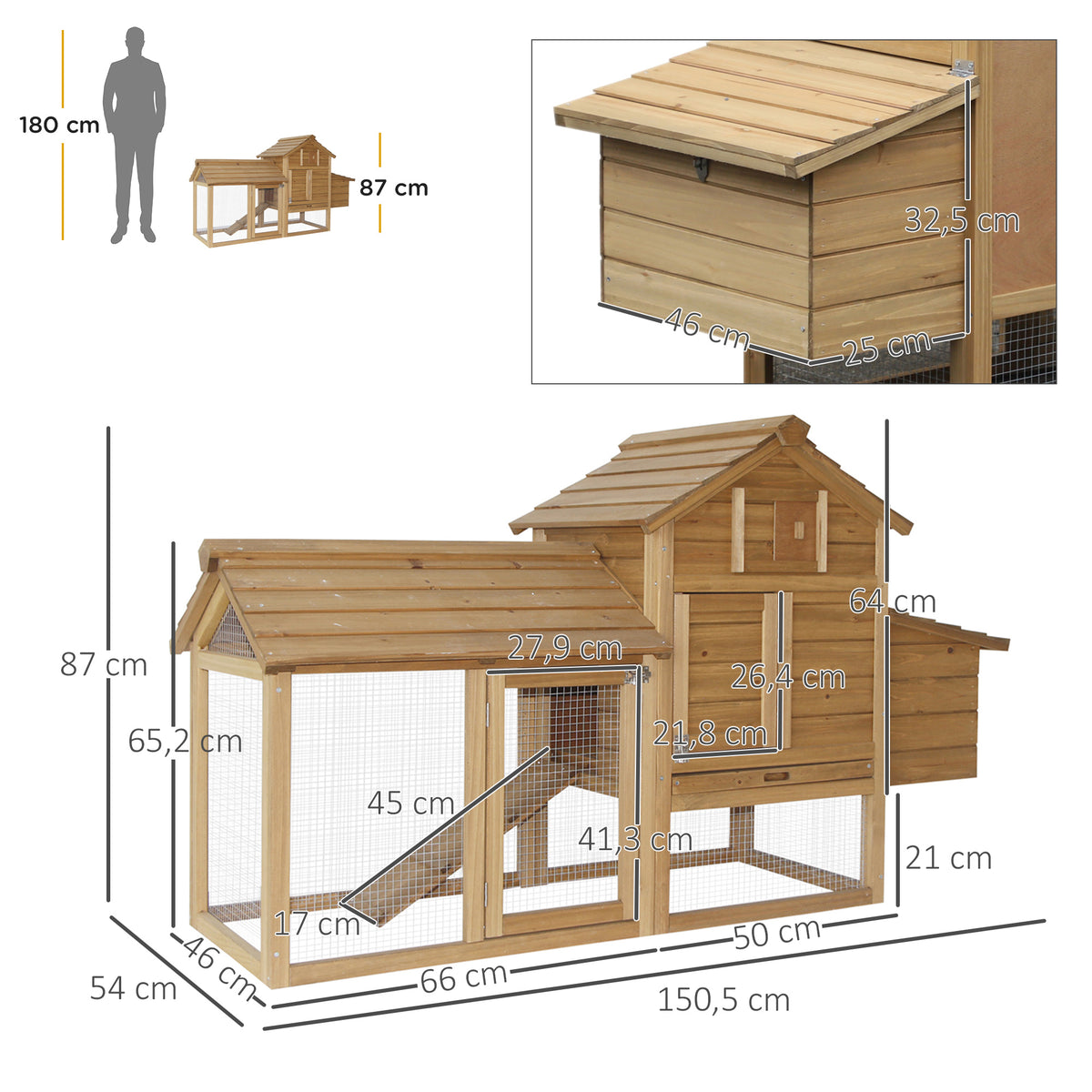 PawHut Zwerghühnerstall Zwerghühnerhaus mit Nistkasten Zwerghühnervoliere Auslauf Geflügelstall mit Rampe Tannenholz Natur 150,5 x 54 x 87 cm