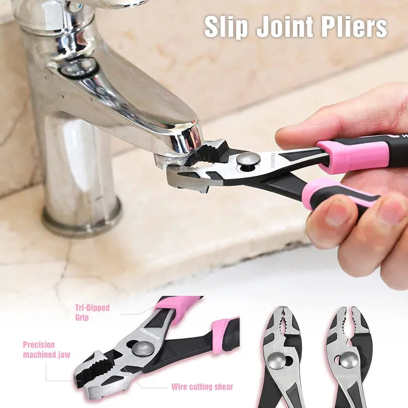 WORKPRO 4-Piece Pink Pliers Set – Ergonomic Grip Tools with Pink Ribbon Packaging