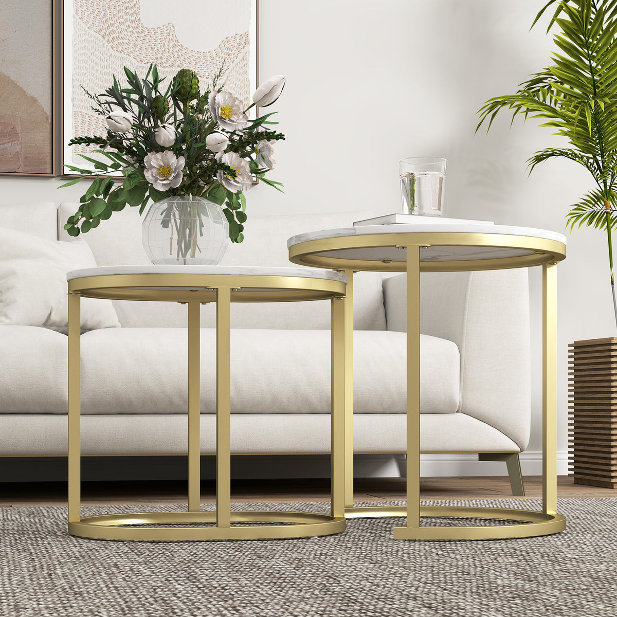 HOMCOM 2er-Set Couchtisch, Ovaler und runder Kaffeetisch, stapelbar, Marmoroptik, Stahl, Ø50 x 50,5 cm, Weiß