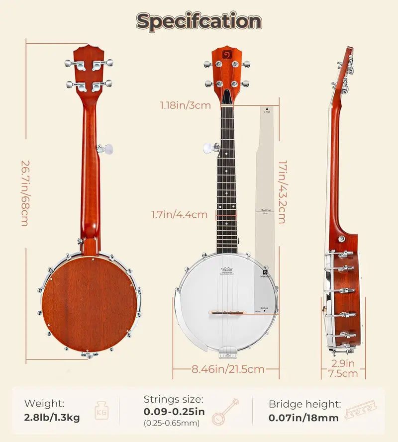 Vangoa 38-Inch 5-String Banjo Set with Resonator, Remo Head, Mahogany Body, Beginner Kit