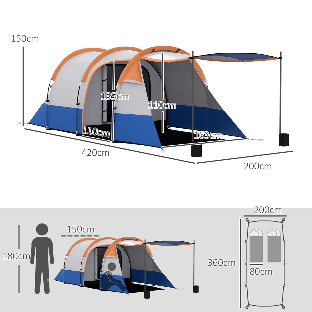 Outsunny Campingzelt, für 3 Personen, Laternenhaken, drei Eingänge, wasserdicht, Orange
