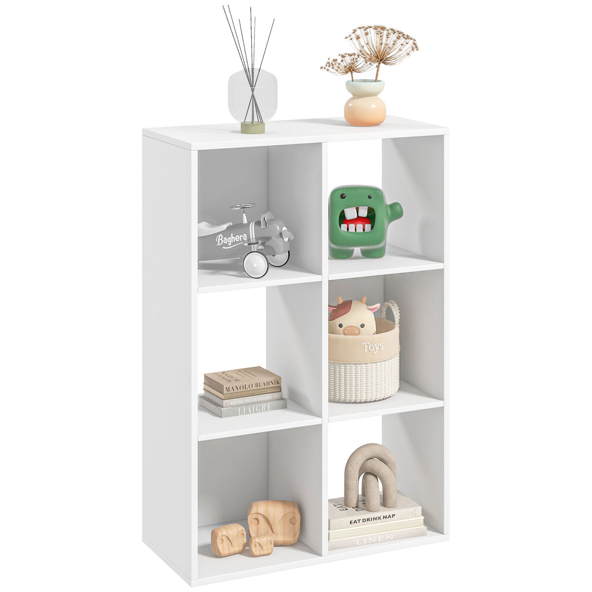 HOMCOM Weißes Bücherregal für Zuhause und Büro, Modernes Bücherregal mit Designregal, 6 Holzfächer, geräumig, Rechteckig, 61,5x29,5x91,5 cm, Weiß