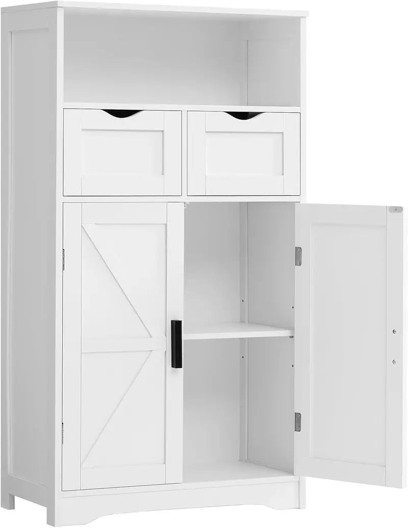 Wall-Mounted Floor Storage Cabinet with Barn Doors & Adjustable Drawers – Bathroom, Living Room, or Kitchen Organizer