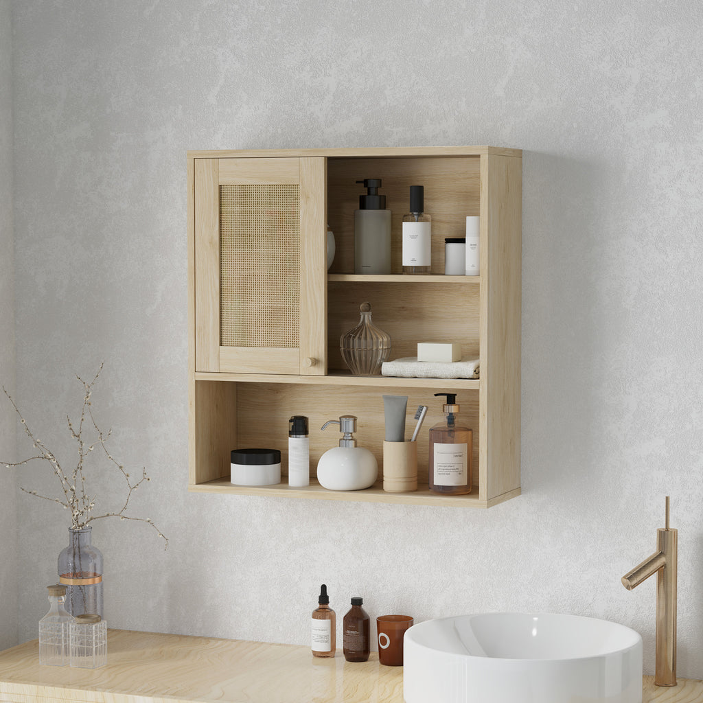 HOMCOM Wandhängeschrank, Badezimmerschrank mit Rattantür und offenen Regalen, Naturholz
