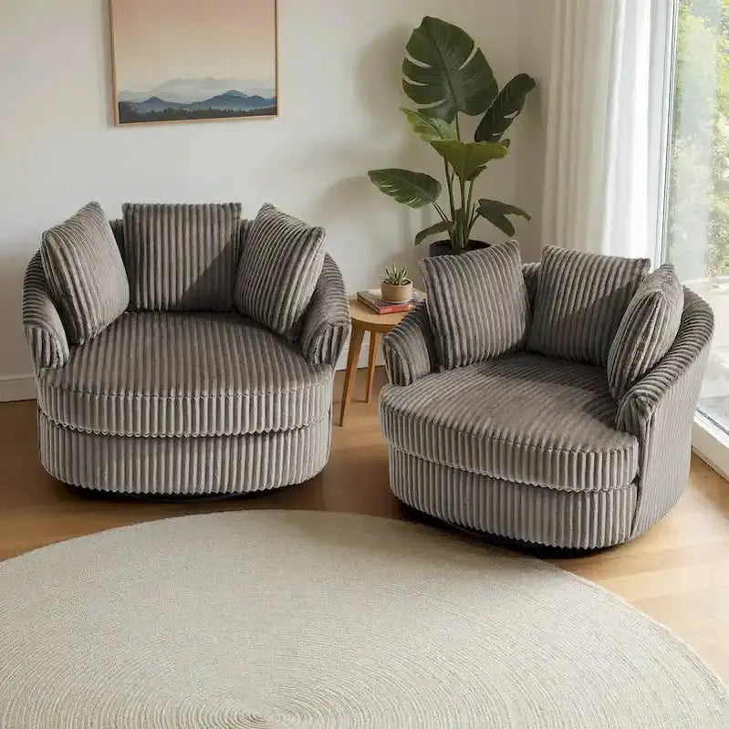 Set of Two Plush Corduroy Swivel Barrel Chairs – 43″ Wide with Decorative Pillows
