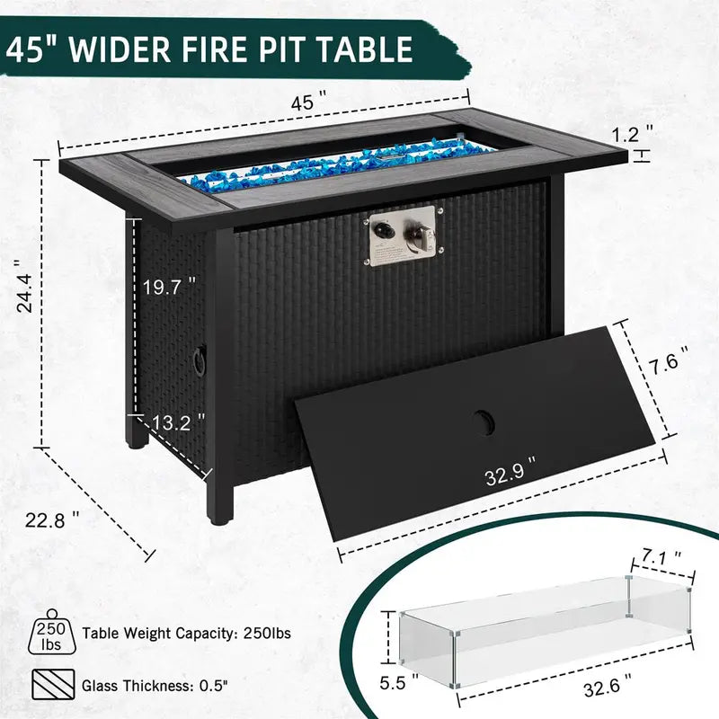 Walsunny 45-Inch Propane Fire Pit Table – 50,000 BTU Rattan Patio Table with Lid, Lava Rock & Wind Guard