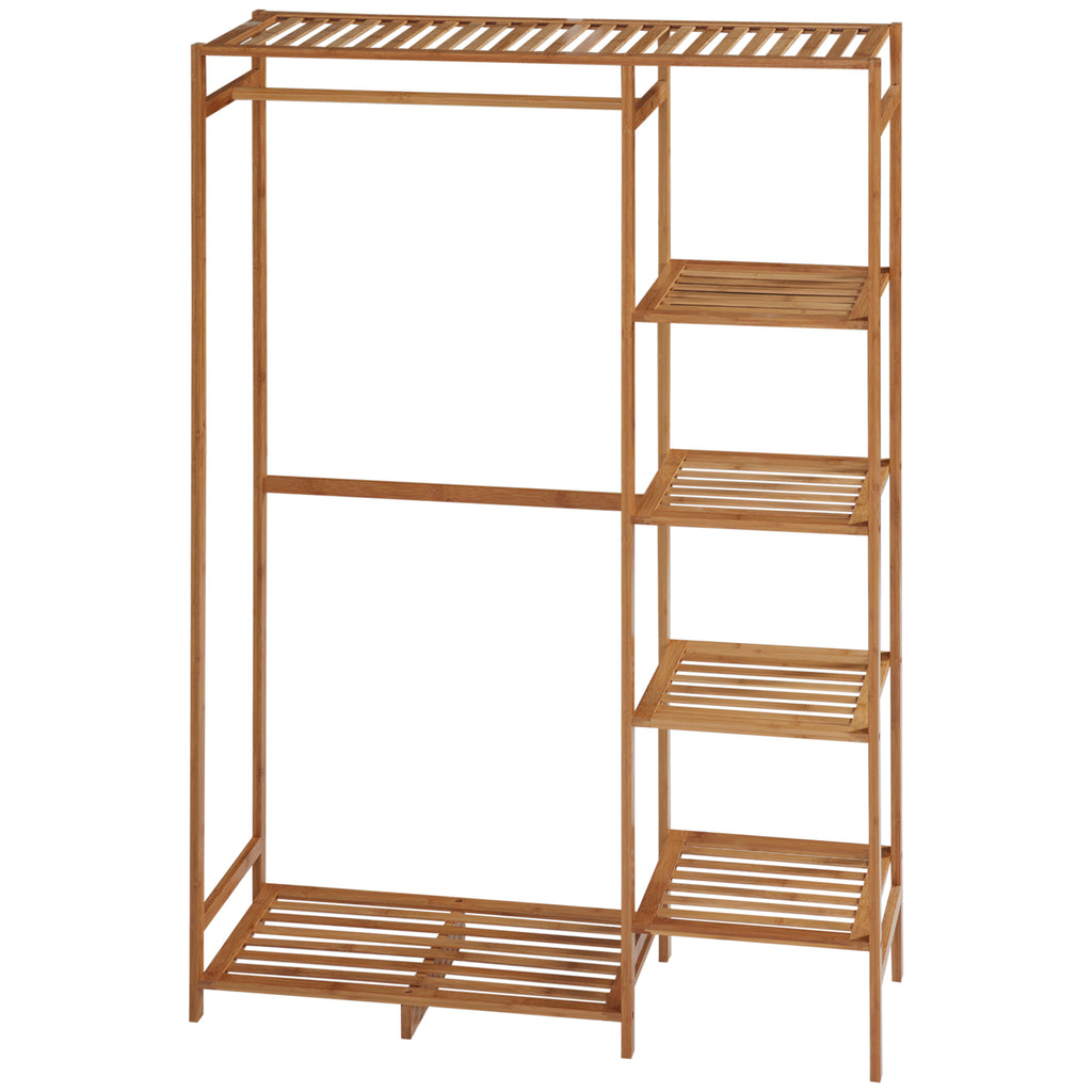 HOMCOM Kleiderständer Garderobenständer mit Kleiderstange, Schuhablag, Regal, Garderobe aus Bambus Naturholz