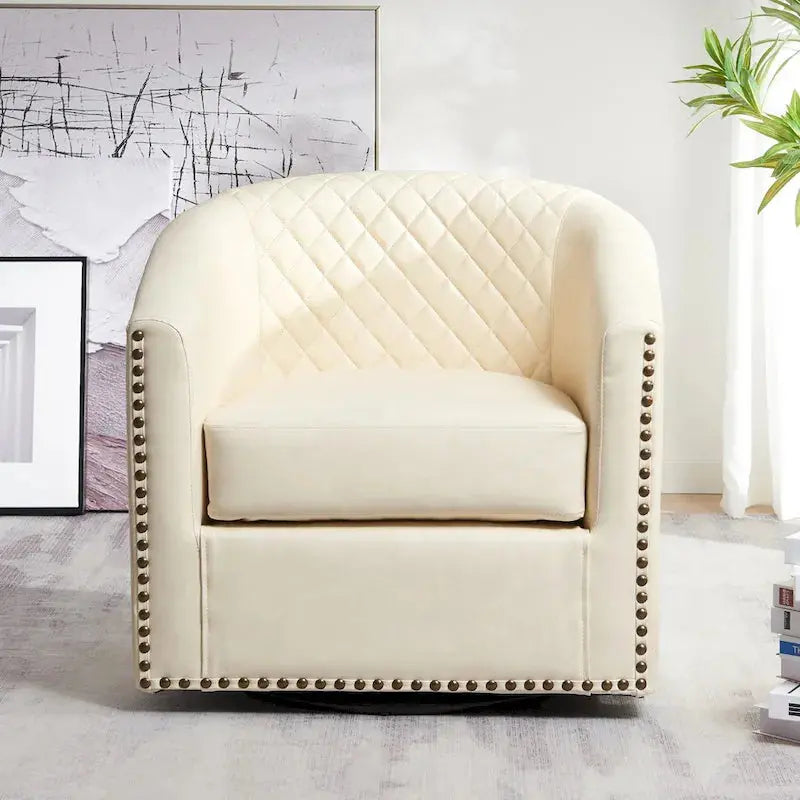 KINWELL Swivel Barrel Chair – 29″ Wide Tufted PU Leather Accent Seating with 360° Rotation
