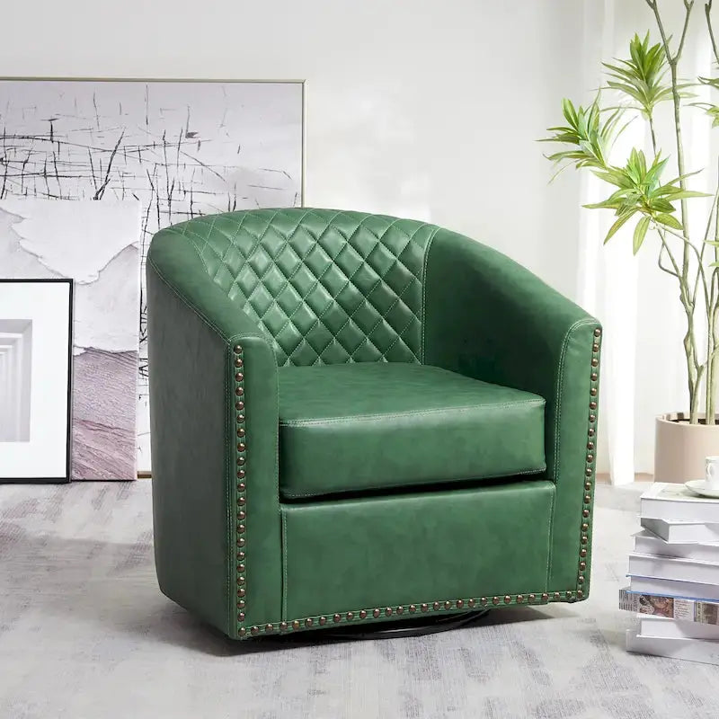 KINWELL Swivel Barrel Chair – 29″ Wide Tufted PU Leather Accent Seating with 360° Rotation