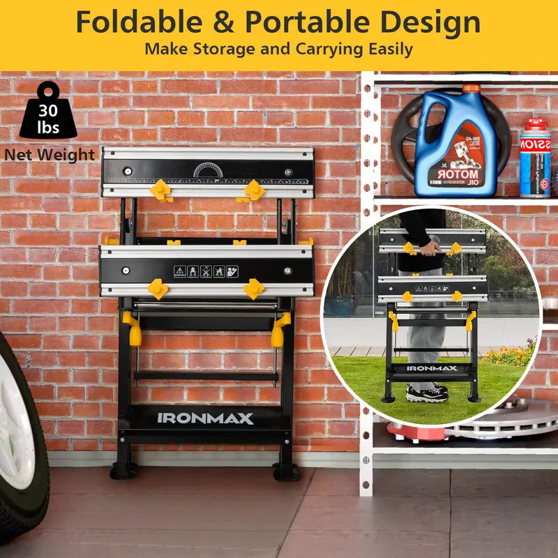 Versatile Folding Workbench with Tilting Surface – 7-Height Settings & Sliding Clamps