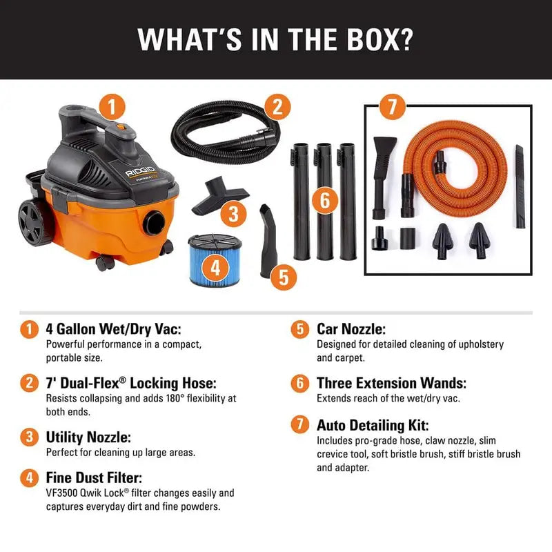RIDGID 4 Gallon 5.0 Peak HP Portable Wet/Dry Shop Vacuum with Fine Dust Filter, Hose, Accessories and Premium Car Cleaning Kit WD4070C