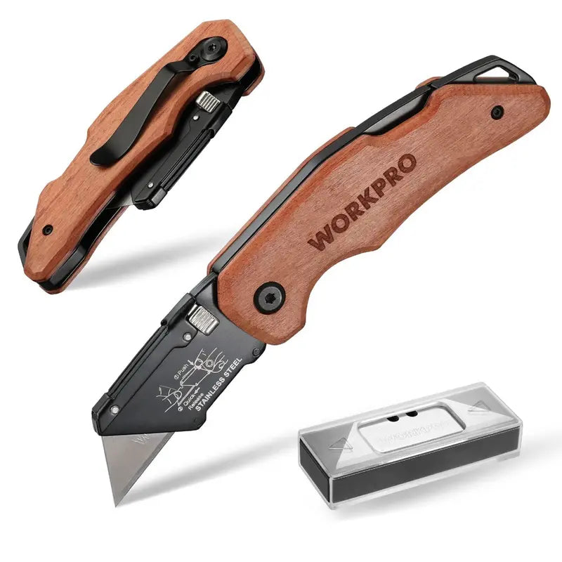 WORKPRO Heavy-Duty Folding Utility Knife – Wood Handle, Durable Blade Design