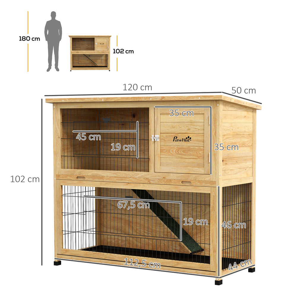 PawHut Kaninchenstall aus Holz 2 Etagen mit 3 Türen herausziehbarem Tablett Rampe Bitumendach 120 x 50 x 102 cm gelb