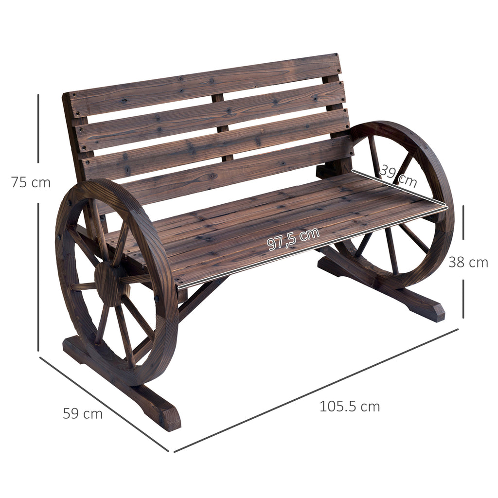 Outsunny Gartenbank 2-Sitzer Sitzbank Holzbank Wagenrad mit Armlehne Landhausstil Tannenholz Braun 105,5 x 59 x 75 cm