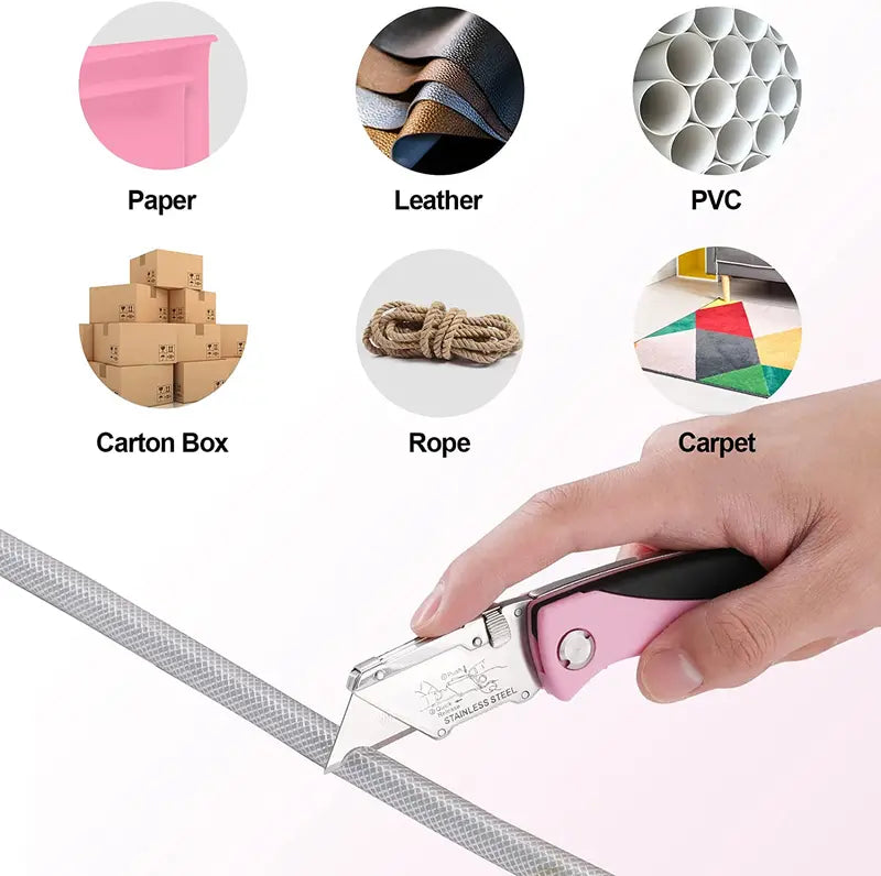 WORKPRO Pink Folding Utility Knife – Quick-Change Razor Blade Cutter with Pink Ribbon Design