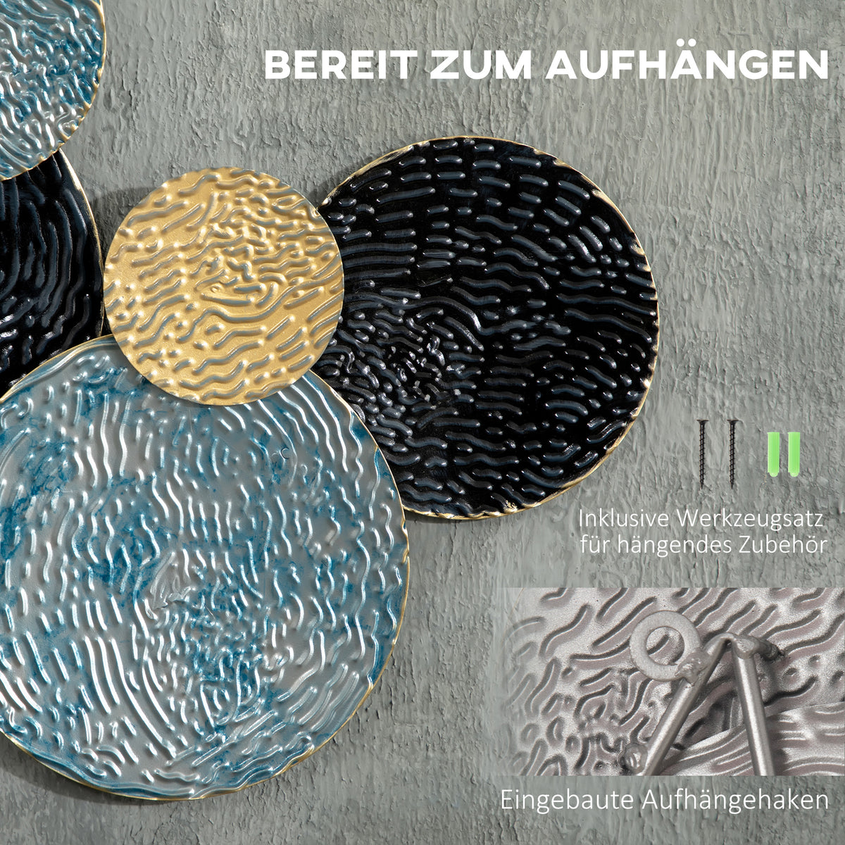 HOMCOM 3D-Wanddekoration mit Kreisen 121 cm x 4 cm x 53 cm Metall Blau + Schwarz