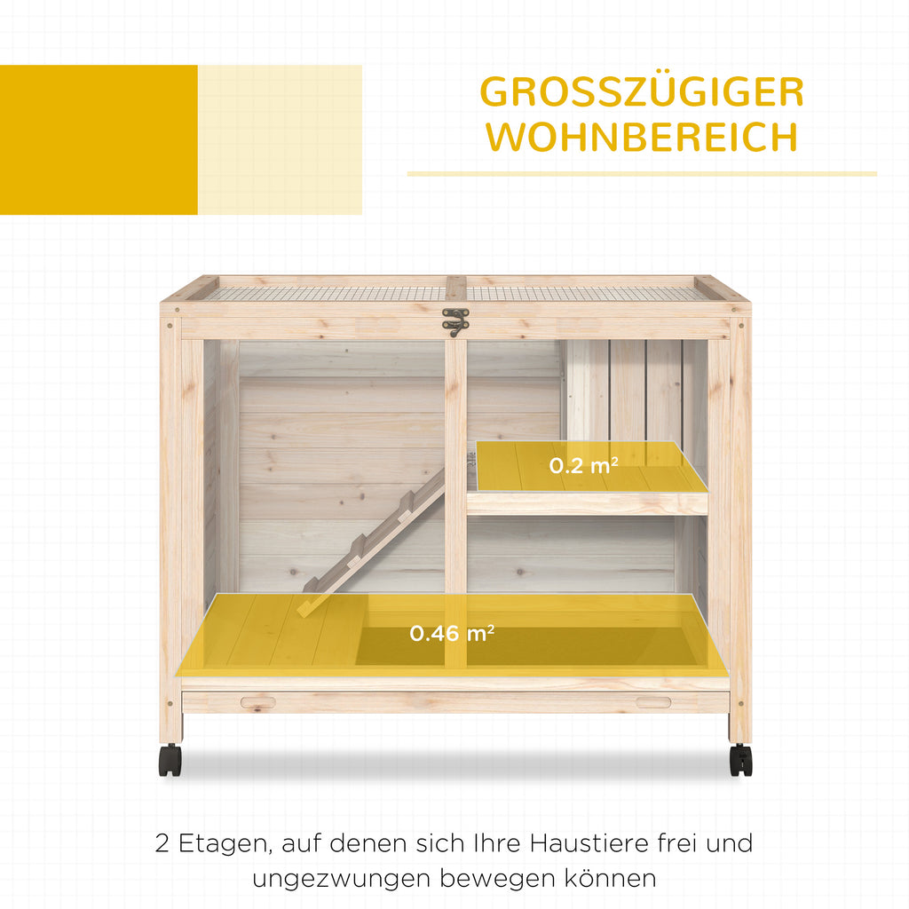 PawHut Kleintierstall mit 2 Ebenen 4 Rollen versiegeltes Tannenholz Natur