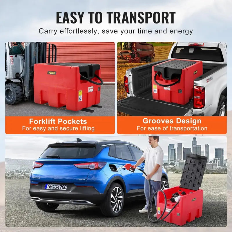 Red 48-Gallon Dual-Fuel Transport Tank – 12V Electric Pump, 10.6 GPM Transfer Rate, Heavy-Duty Hose & Auto Fueling Nozzle