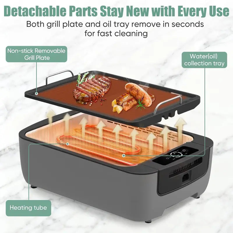 Smokeless Indoor Grill with Dual-Zone Cooking: LED Smart Display, 6-Temp Settings, Non-Stick Removable Plates, and Dishwasher-Safe Components