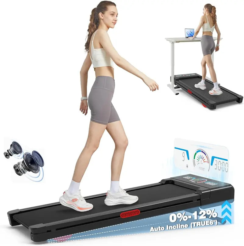 Walking Pad Treadmill – Under-Desk Compact Model with 12% Auto Incline, RGB Display & Bluetooth Speaker