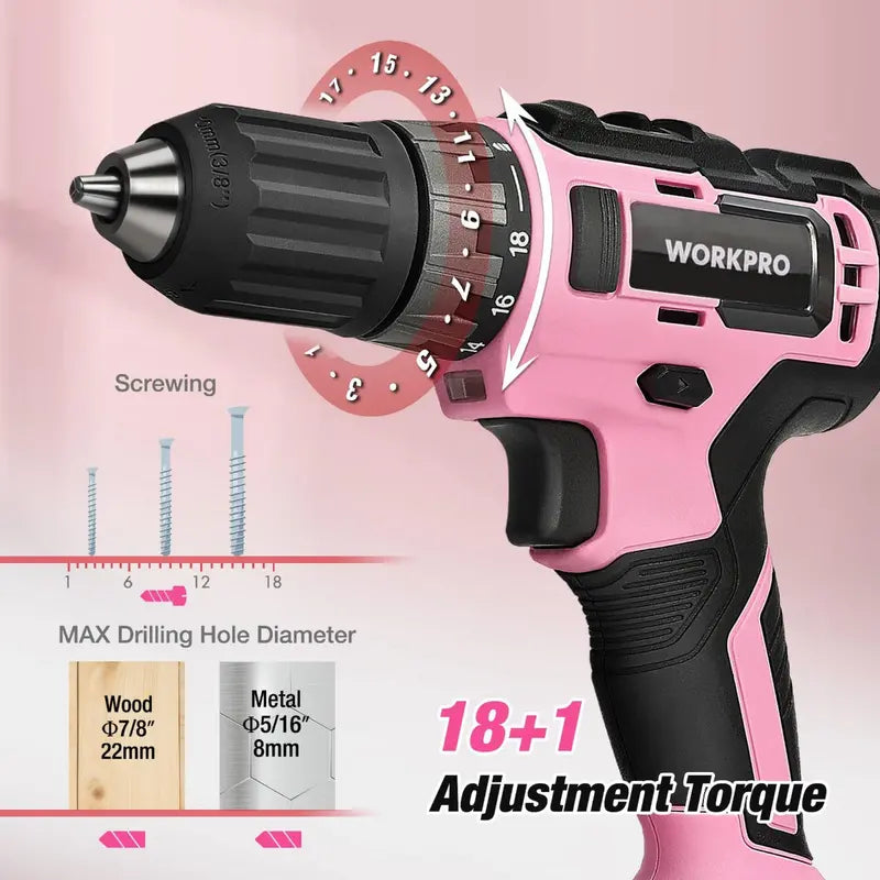 WORKPRO 20V Pink Cordless Drill Driver + 141-Piece Home Tool Kit – Pink Ribbon Bundle