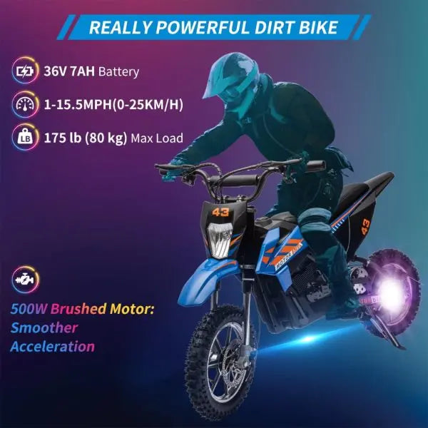 Youth 36V Electric Off-Road Bike – 350W Brushless Motor, 175 lb Capacity, Blue Finish