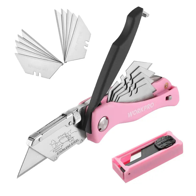 WORKPRO Pink Folding Utility Knife – Quick-Change Razor Blade Cutter with Pink Ribbon Design