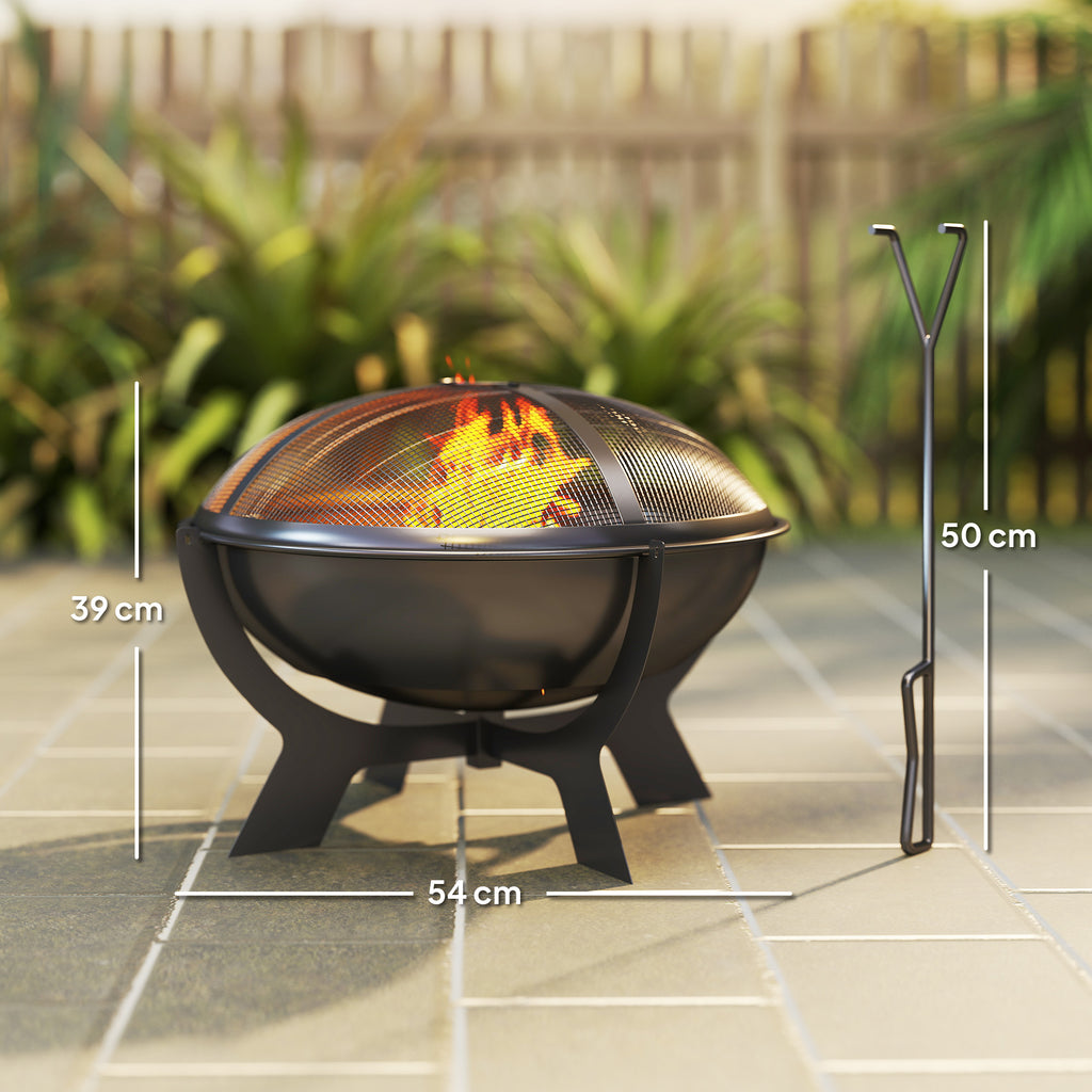 Outsunny Feuerschale Ø54x39cm aus Metall Rund Feuerstelle mit Funkenschutz Schürhaken Feuerkorb für Garten, Balkon Schwarz