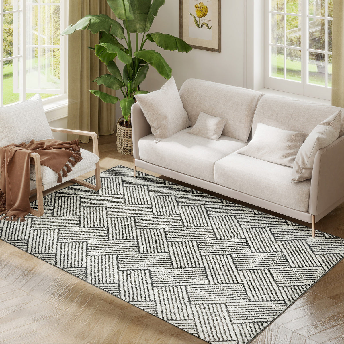 HOMCOM Teppich Wohnzimmer 170 x 120 cm Kurzflor maschinenwaschbar hypoallergen für Wohnzimmer, Schlafzimmer, Büro, hellgrau