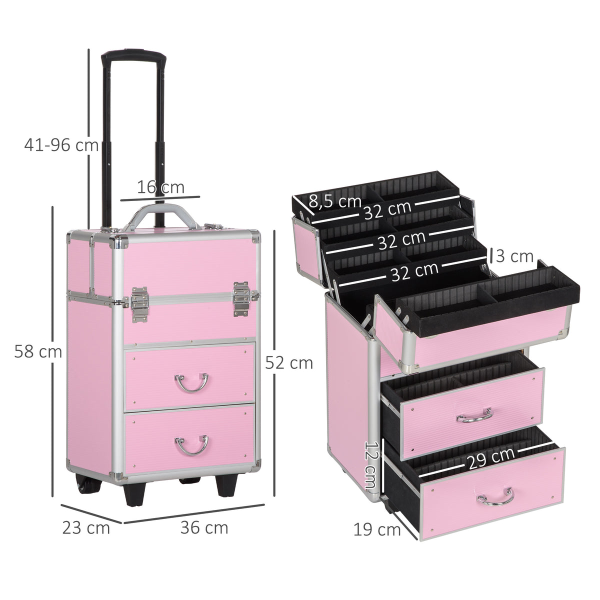 HOMCOM Kosmetikkoffer Trolley Make-up Koffer Kosmetikkoffer Vanity Verstellbarer Teleskopgriff 36L x 23B x 58H cm Alu ABS Rosa
