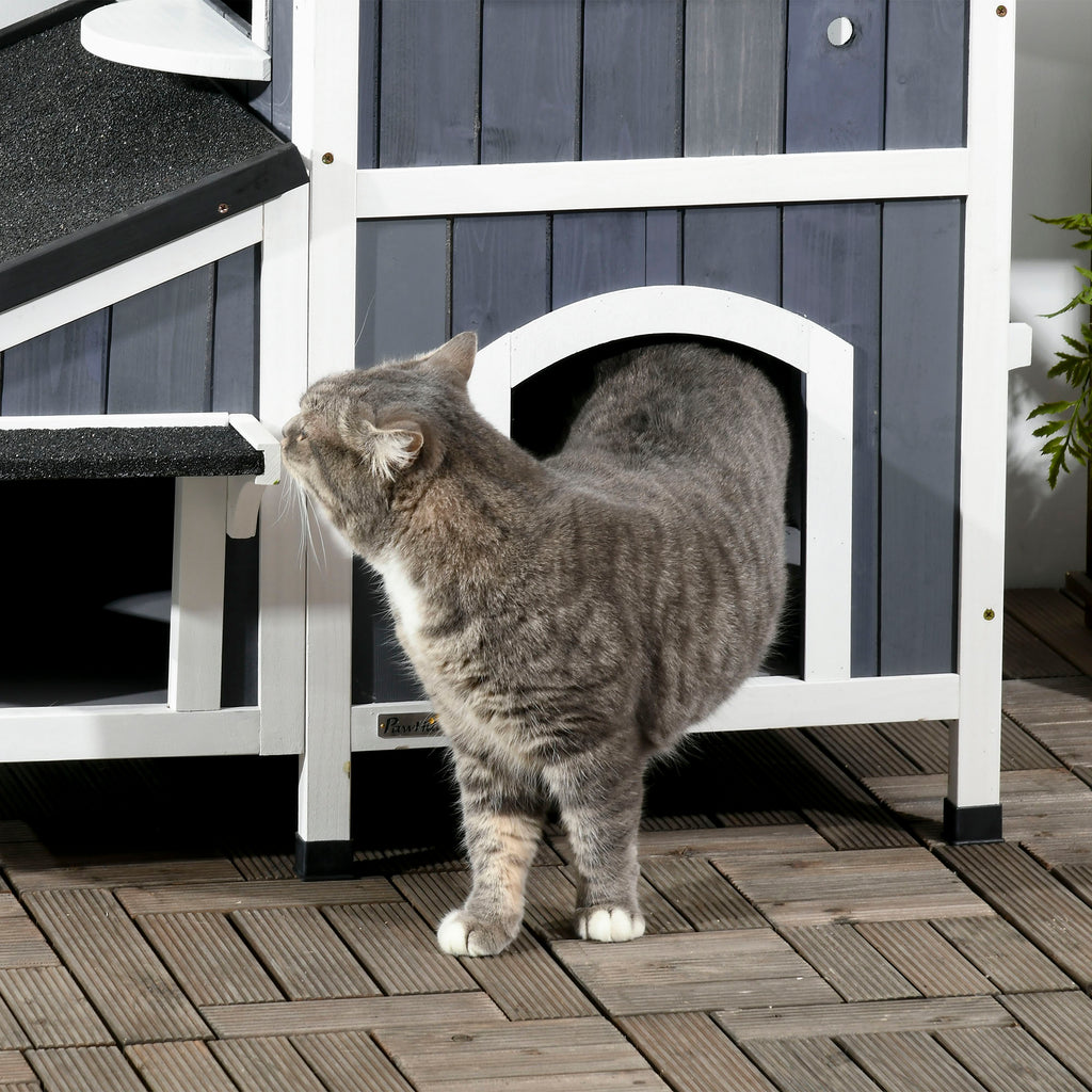 PawHut Outdoor-Katzenhaus, zweistöckig, Bodenabstand, Naturholz, Asphaltdach, grau, 96 x 65 x 85,5 cm