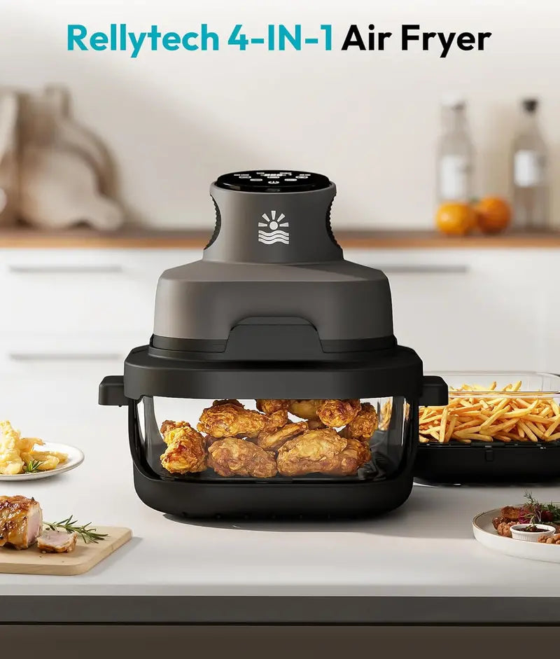 Rellytech Dual-Glass Air Fryer – 1500W, 4.2 qt Capacity with Stackable Containers