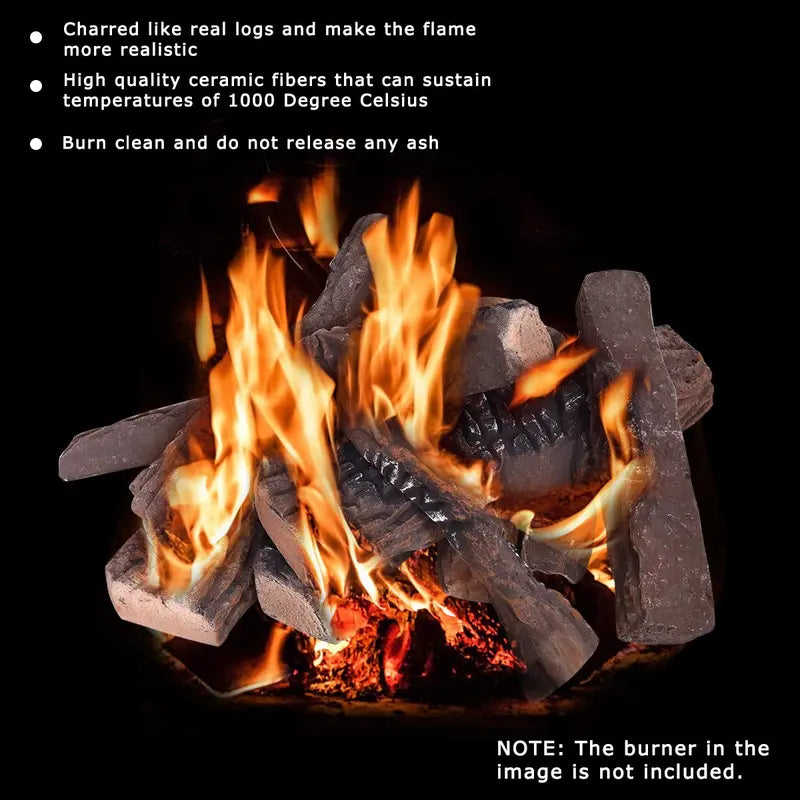 Ventless Ceramic Gas Fireplace Log Set – Realistic 9 or 10-Piece Assembly