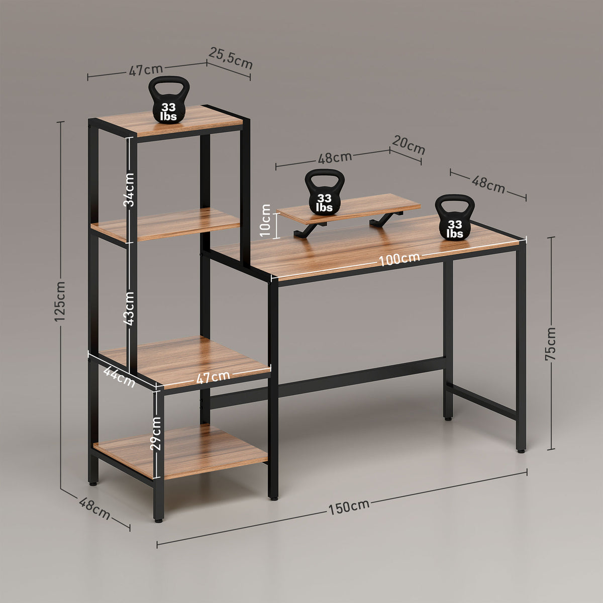 HOMCOM Computertisch mit Monitorständer, Schreibtisch mit 4-stufigem Regal, Industrielles Design, Braun
