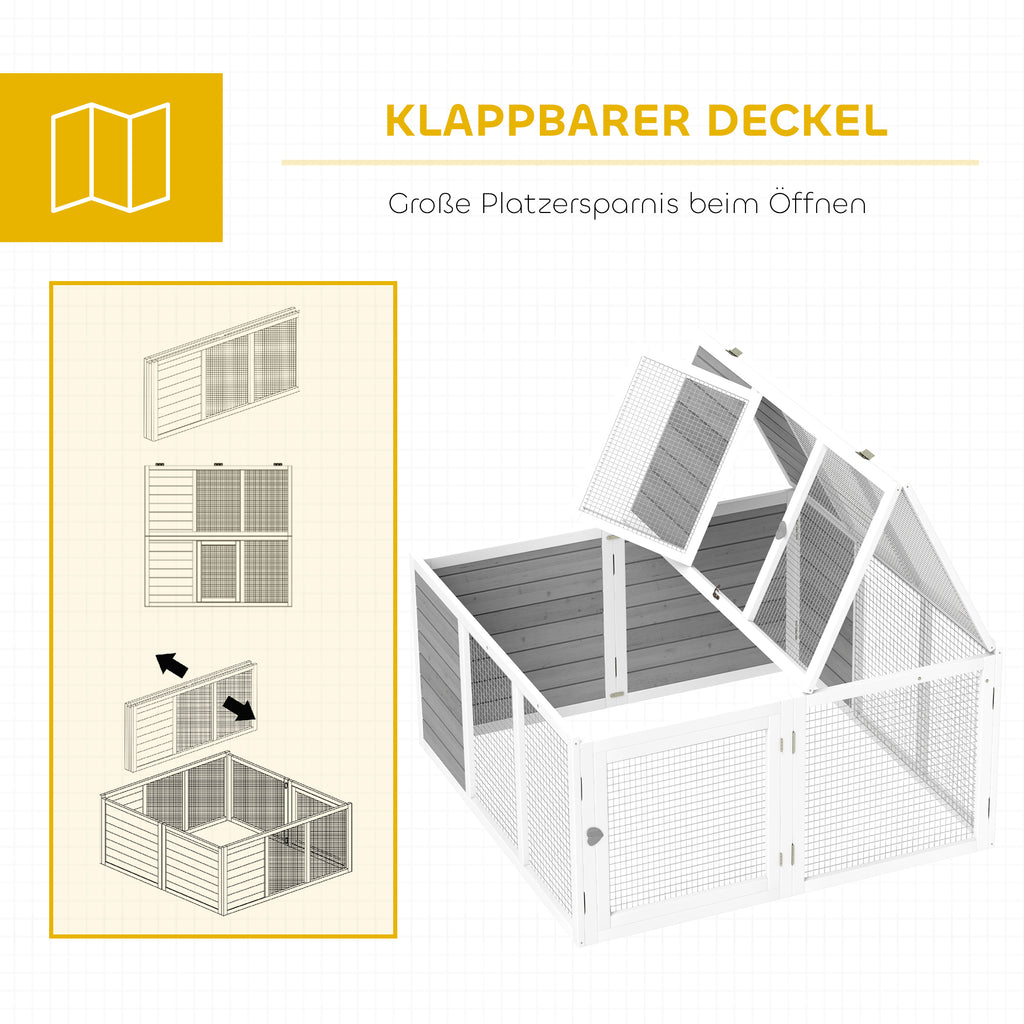 PawHut Kleintierkäfig, Kaninchenstall, Holzkonstruktion, klappbar, für drinnen und draußen, Hellgrau
