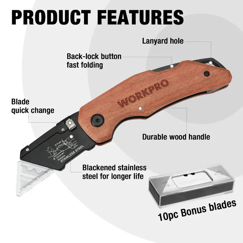 WORKPRO Heavy-Duty Folding Utility Knife – Wood Handle, Durable Blade Design