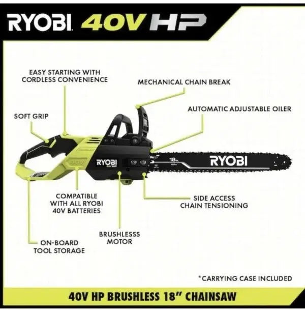 RYOBI 40V Cordless 18″ Chainsaw Kit – Brushless Motor, Battery & Charger Included – Green Trim Design