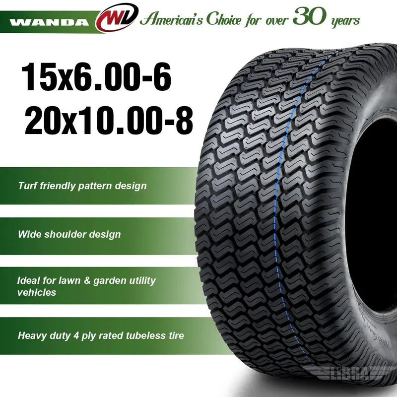 WANDA Lawn Mower Turf Tires Set of 4 – 15×6-6 Front & 20×10-8 Rear, 4PR, P332 Pattern
