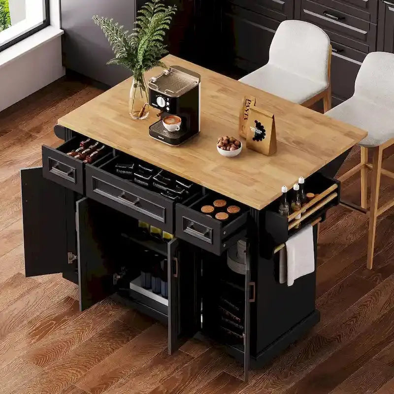 Rolling Kitchen Island Cart – 54″ Rubberwood Drop-Leaf Design with Doors & Drawers