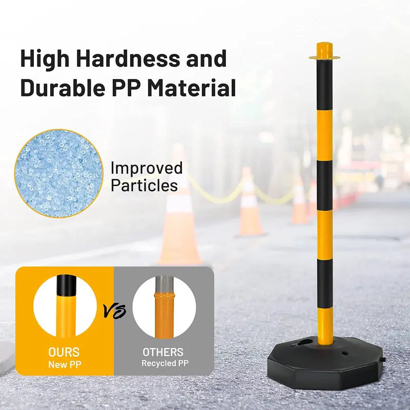Six-Pack Traffic Delineator Posts with Octagonal Fillable Bases and 5-Foot Linked Chains (Black/Yellow)