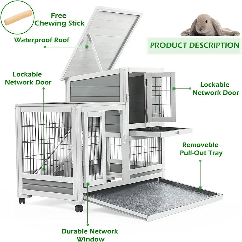 YODOLLA Large Indoor Rabbit Hutch with Wheels, Fir Wood Bunny Cage for Small Animals, Easy Clean Trays & Nesting Box