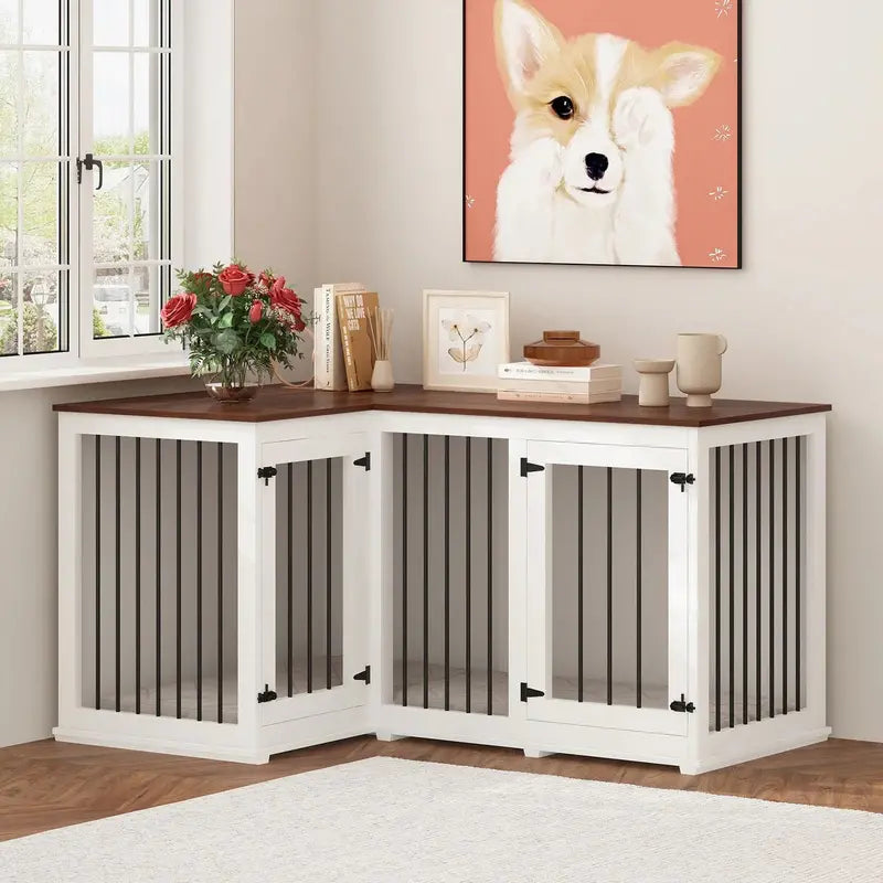L-Shaped Corner Dog Crate Furniture – Dual-Dog Capacity, 58.7″ x 41.1″, Stylish Enclosed Design