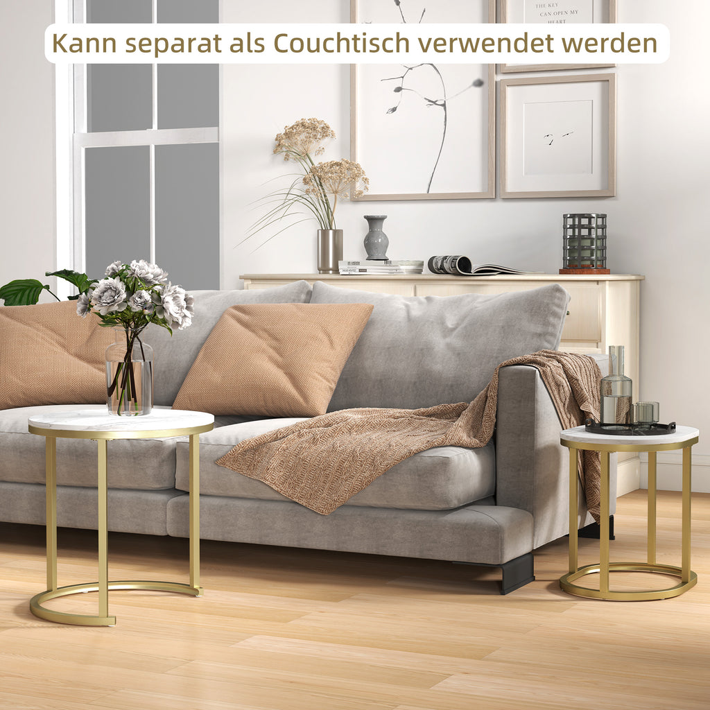 HOMCOM 2er-Set Couchtisch, Ovaler und runder Kaffeetisch, stapelbar, Marmoroptik, Stahl, Ø50 x 50,5 cm, Weiß