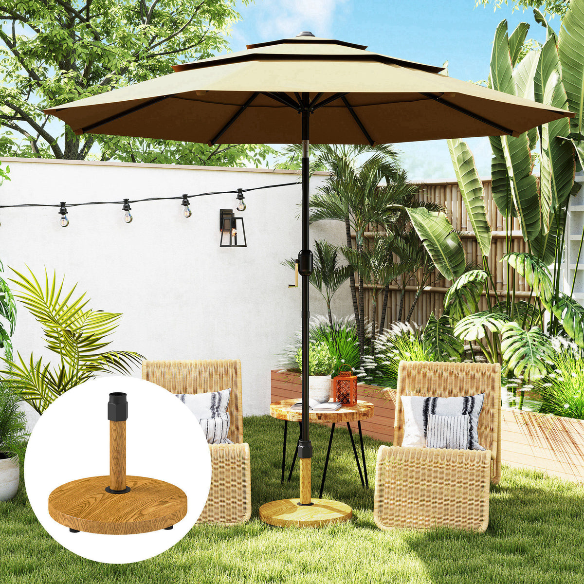 Outsunny Gartenschirmständer, Sonnenschirmbasis Verstellbare Fußpads Basis für Gartenschirm, Metall, Beton, Naturholz