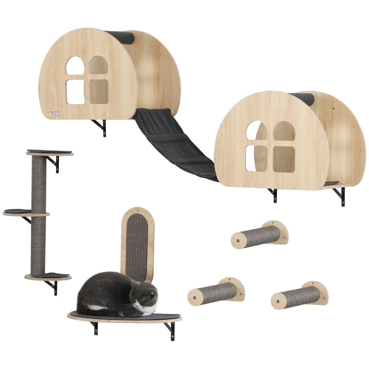 PawHut Kletterwand Katzen 7-teilig Katzen Kletterwand Set mit Sisalpfostenleiter, Plattform Kratzbaum Grau