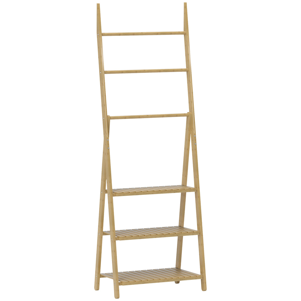 HOMCOM Badezimmerregal 3 Regale mit 3 Handtuchstangen, freistehend und klappbar aus Bambus