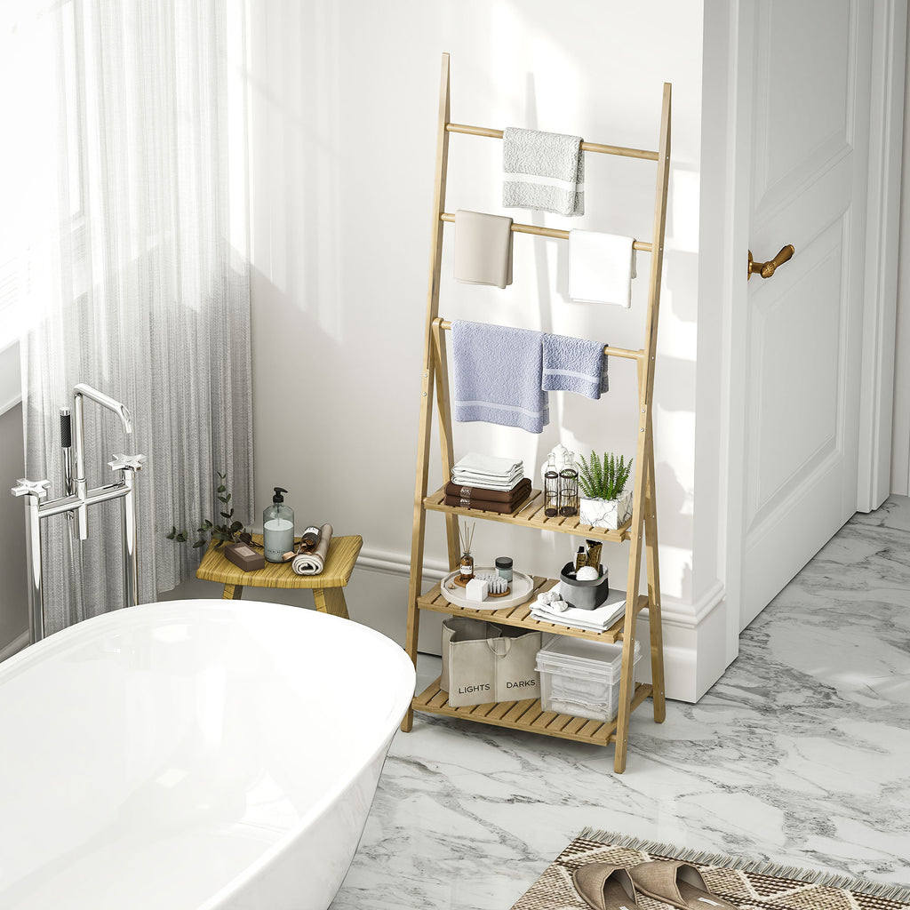 HOMCOM Badezimmerregal 3 Regale mit 3 Handtuchstangen, freistehend und klappbar aus Bambus