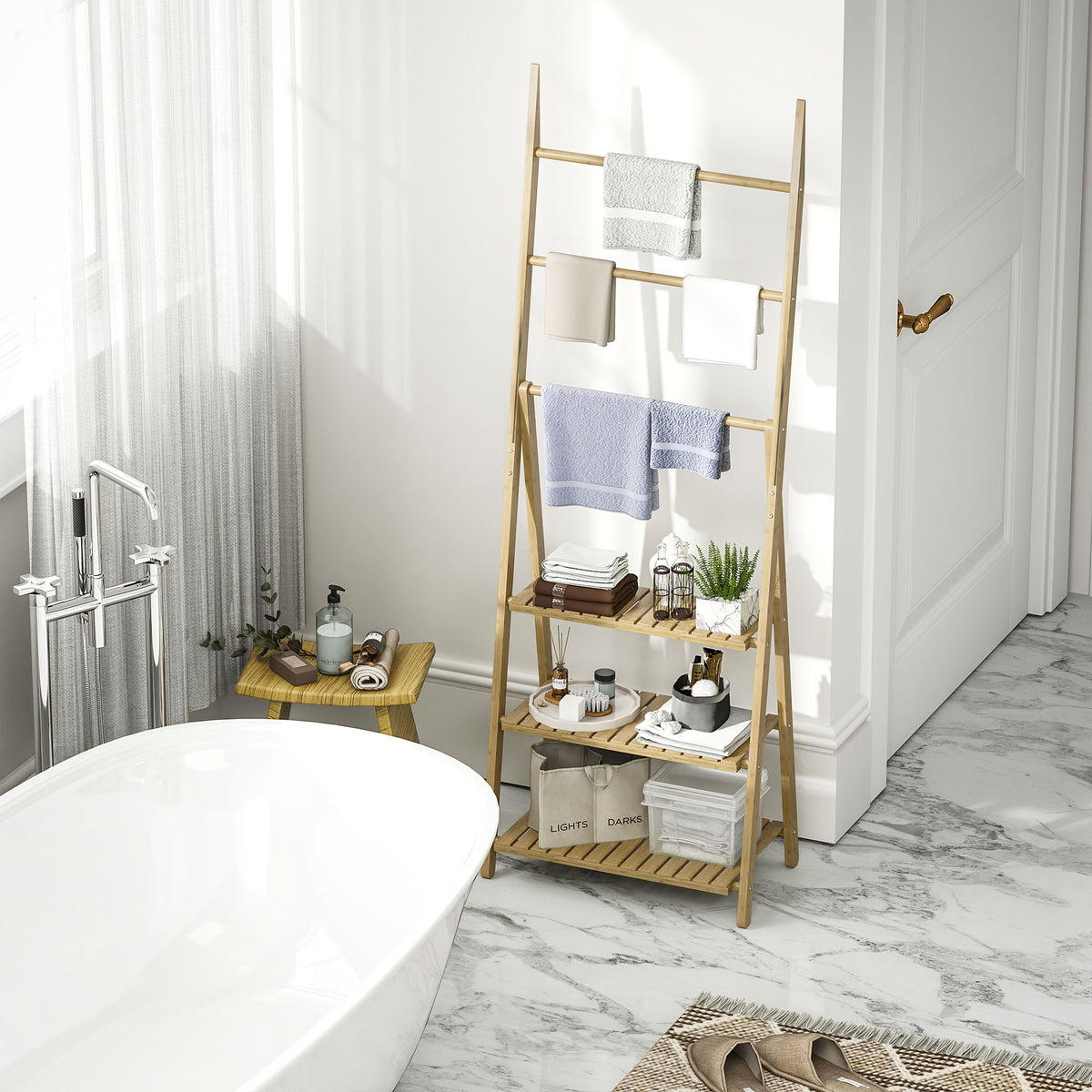 HOMCOM Badezimmerregal 3 Regale mit 3 Handtuchstangen, freistehend und klappbar aus Bambus